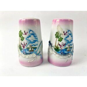Vintage Hand-Painted Dragonware Florida Flamingoes Souvenir Salt & Pepper Shaker